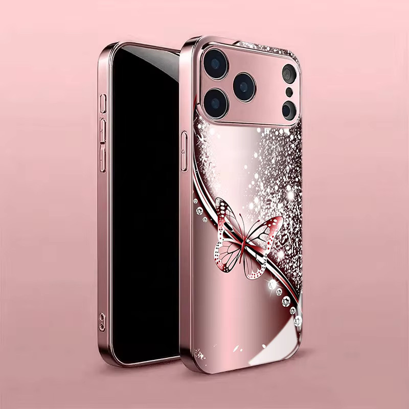 Rosa Glitzernde Schmetterlings Schutzhülle aus gehärtetem Glas für Apple iPhone 11 12 13 14 15 16 17 Pro Max Plus und 16E 17Air - Bild 4
