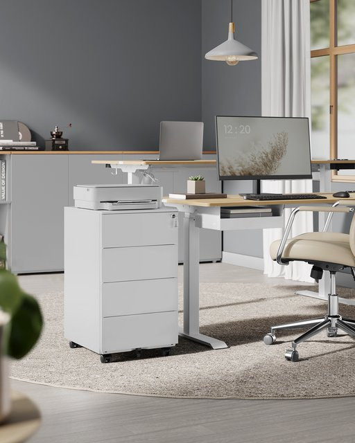 Songmics Rollcontainer aus Metall in Weiß, abschließbarer mobiler Aktenschrank und Druckertisch für Büro und Homeoffice, B/T/H: 69 x 45 x 39 cm - Bild 1