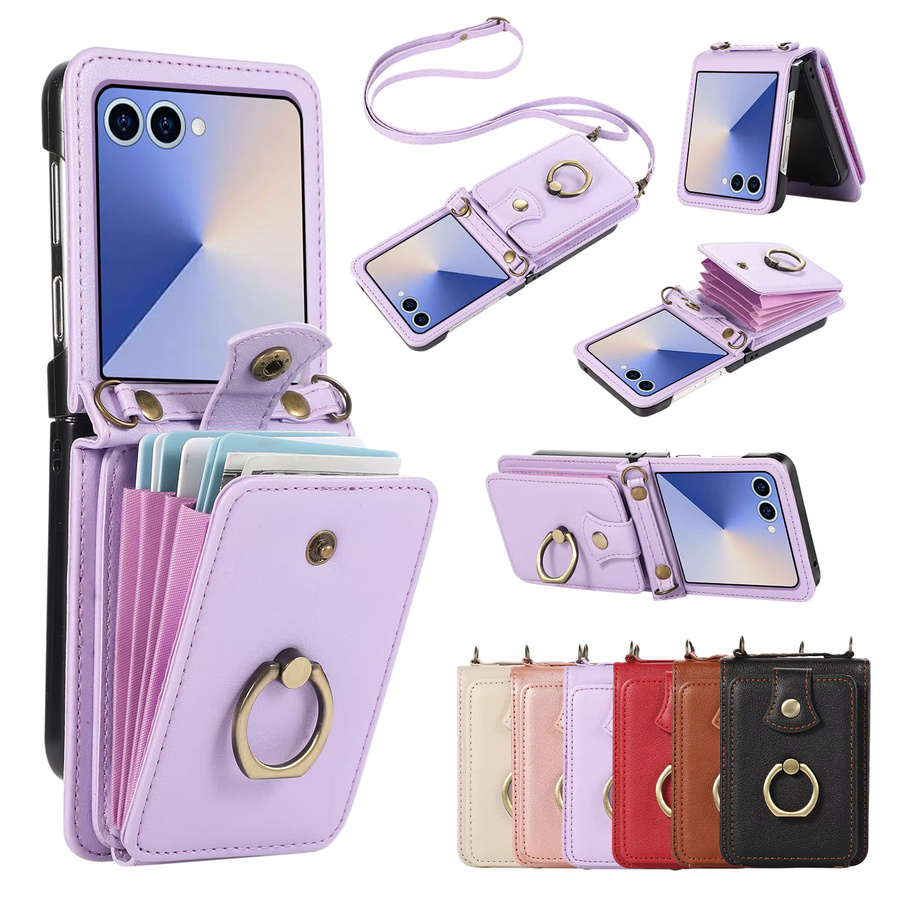 Leder Handyhülle mit Ringkartenhalter und Crossbody-Funktion für Samsung Galaxy Z Flip 7 6 5 4 3 und FE in Rot oder Lila - Bild 4