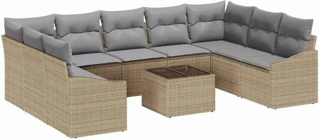 vidaXL Garten-Sofa-Set 10-teilig aus Poly Rattan in Beige mit Polsterung und Tisch - Bild 1