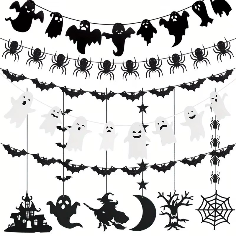 CYZIWEIN Halloween Dekoration Girlande mit Spinnen, Geistern und Fledermäusen in Schwarz - Bild 3