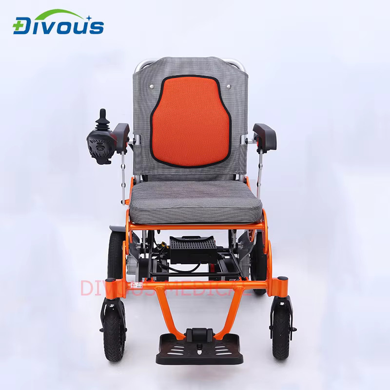 DIVOUS Elektrischer Rollstuhl aus Aluminium, tragbar und zusammenklappbar, Farbe: Orange - Bild 3