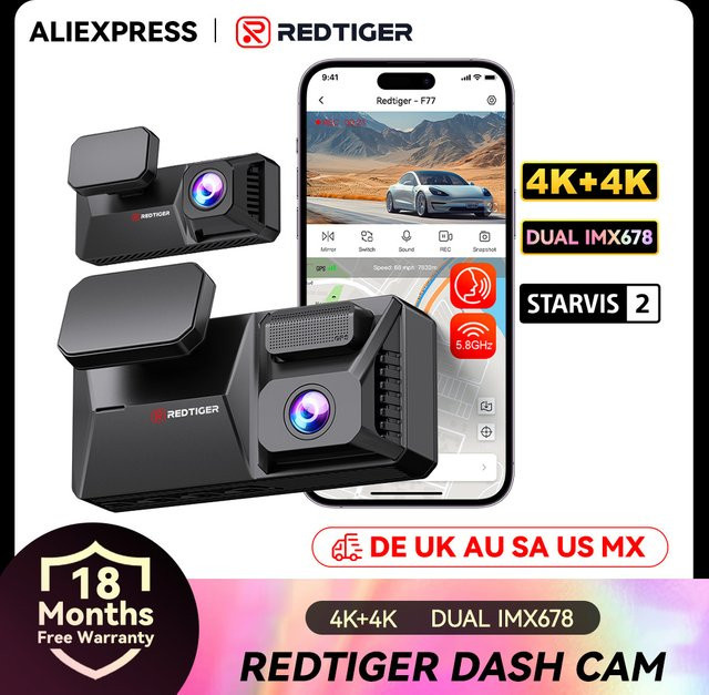 REDTIGER F77 Dashcam Dual-Autokamera mit 4K UHD, STARVIS 2 Nachtsicht, GPS und 5,8GHz WLAN in Schwarz - Bild 1