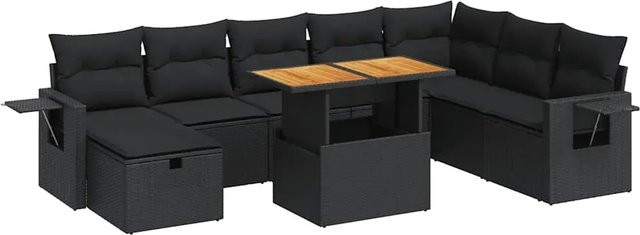 vidaXL 9-teilige Garten-Sofagarnitur aus Poly-Rattan und Akazienholz in Schwarz mit Kissen - Bild 1