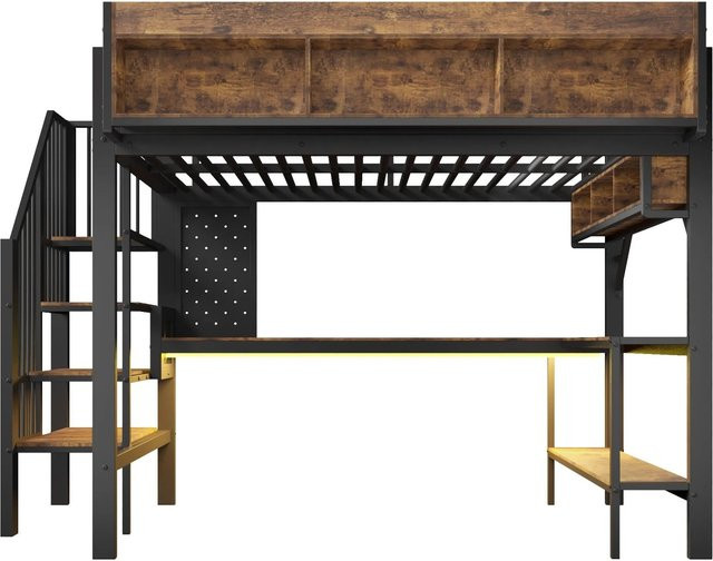 Merax Hochbett mit Schreibtisch und LED-Beleuchtung in Braun und Schwarz, B/T/H: 200 x 140 x 164 cm - Bild 1