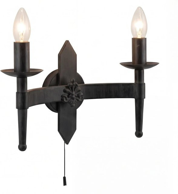 Licht-Erlebnisse Wandlampe aus Gusseisen in Schwarz, 2-flammig, rustikaler Stil mit E14 Fassung und Zugschalter, Breite: 33,5 cm - Bild 1