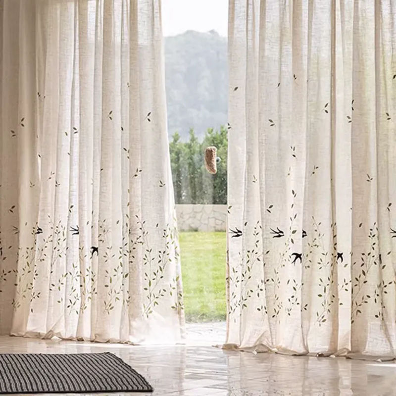 CENTURyMiG Bestickter Leinen-Halbschirm in Beige, minimalistischer transparenter Vorhang mit floralem Design für Wohnzimmer und Schlafzimmer, Breite: 100 cm, Höhe: 200 cm - Bild 3