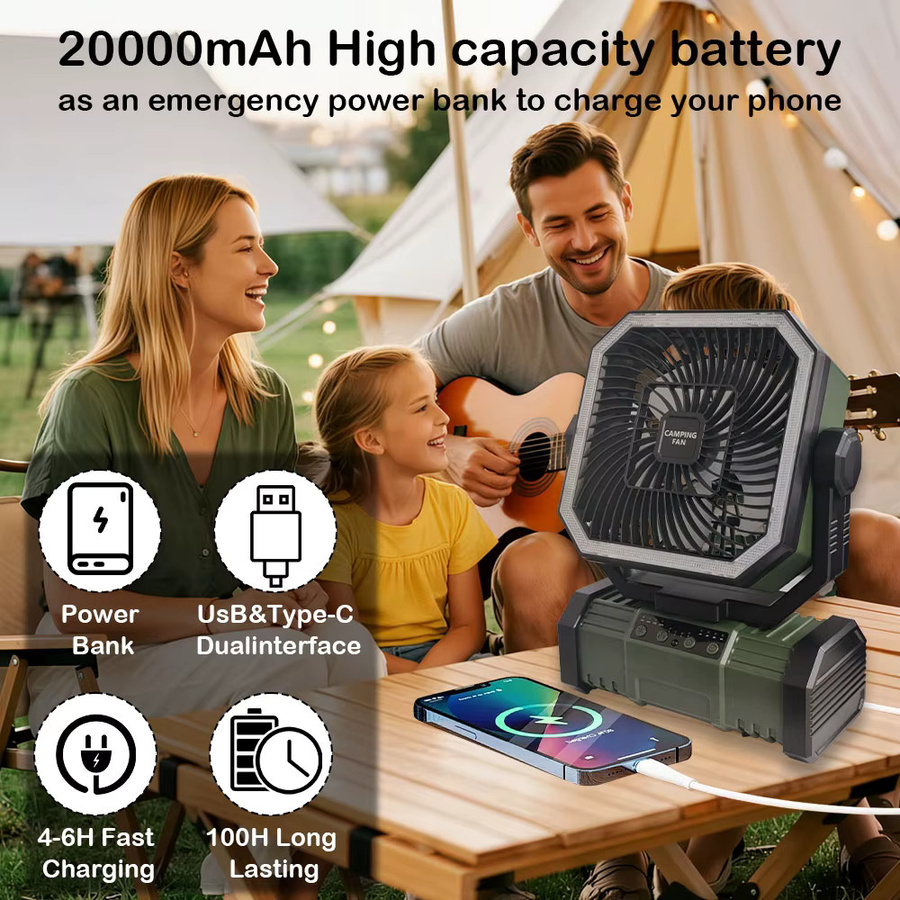 JIHUAN Tragbarer Akku-Ventilator mit 20000mAh, LED-Licht und Haken, Grün - Bild 3