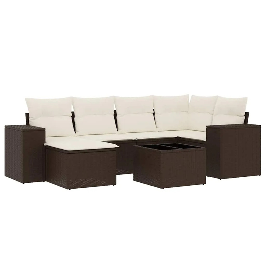 vidaXL 7-teilige Garten-Sofagarnitur in L-Form aus Polyrattan mit Kissen in Braun - Bild 2