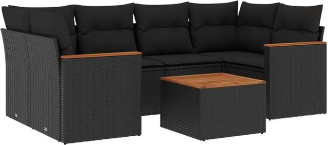 vidaXL 7-tlg Garten-Sofagarnitur aus Poly-Rattan und Akazienholz in Schwarz mit Kissen - Bild 1