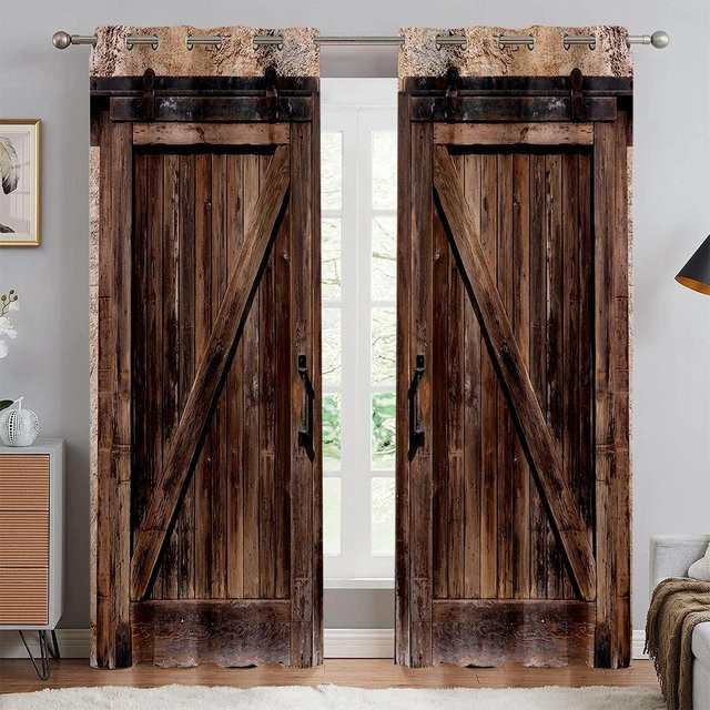 Yiran Furniture Dekorative Fenstervorhänge im Retro Holztür-Design mit 3D-Druck, halbtransparent, Braun, B: 100 cm, H: 130 cm - Bild 1