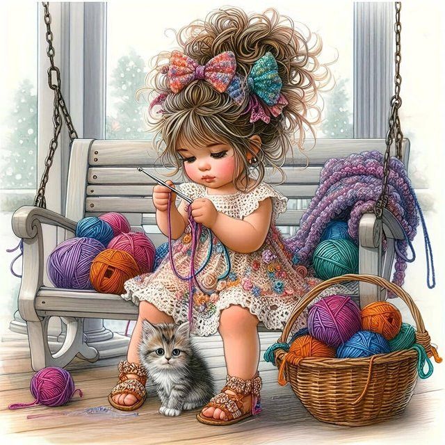 YUTTEE Diamant-Mosaik DIY Set Mädchen Porträt mit Katze in Multicolor aus Acryl für Kinder - Bild 1