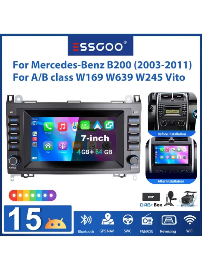 ESSGOO 7-Zoll Android 15 Autoradio für Mercedes-Benz A-Klasse W169, B-Klasse W245 und Vito W639 (2004-2012) mit 4+64GB, kabellosem CarPlay, Android Auto, GPS, WLAN und Mirror Link in Schwarz - Bild 4