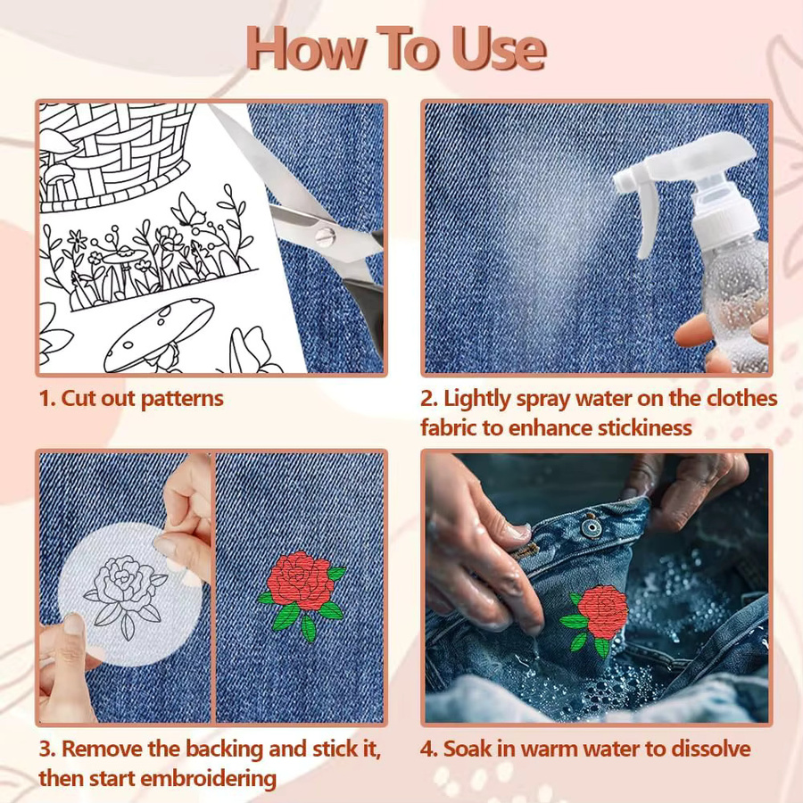 4 Blatt wasserlöslicher Stickereistabilisator mit Blumenmuster, selbstklebendes und waschbares Transferpapier in Weiß für deine DIY-Handstickereien - Bild 2