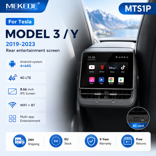 MEKEDE Android Entertainment-Bildschirm für Tesla Model Y und Model 3 mit 8,66 Zoll IPS-Display, 4+64G Speicher, 4G LTE und Klimasteuerung in Schwarz - Bild 1