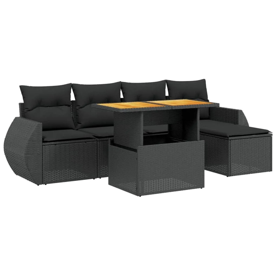 vidaXL 6-teilige Garten-Sofagarnitur aus Poly-Rattan und Akazienholz in Schwarz mit Kissen - Bild 2