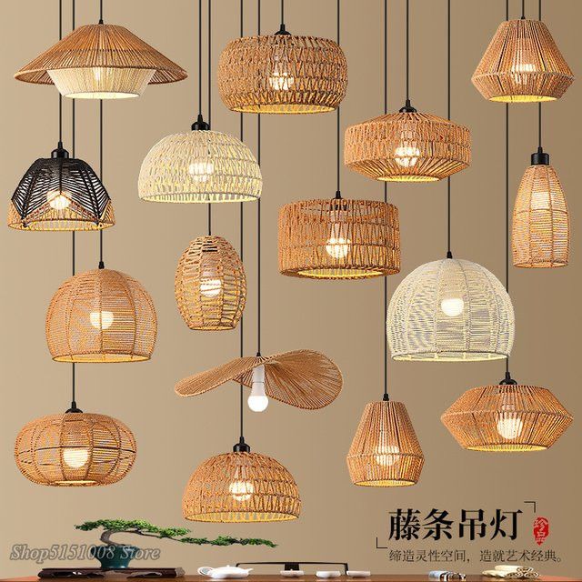 LZPZ RUI Rattan Pendelleuchte im Vintage Bauernhaus Stil mit handgewebtem Hanfseil und E27 Fassung - Bild 1