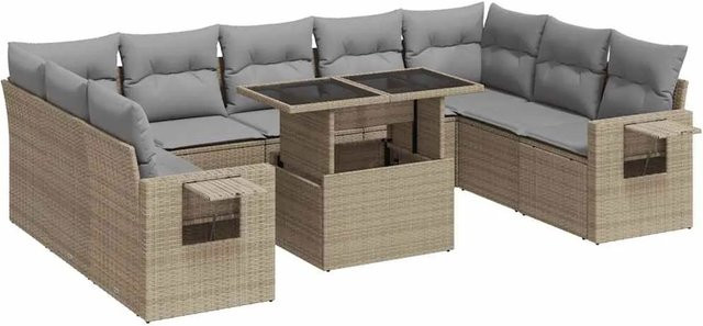 vidaXL 10-tlg. Garten-Sofagarnitur in L-Form aus Poly-Rattan in Beige-Grau mit UV-beständigen Kissen und pulverbeschichtetem Stahlgestell - Bild 1
