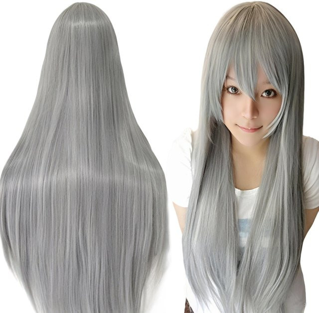 Graue Synthetikhaar-Perücke mit Pony, 32 Inches, Unisex - Bild 1