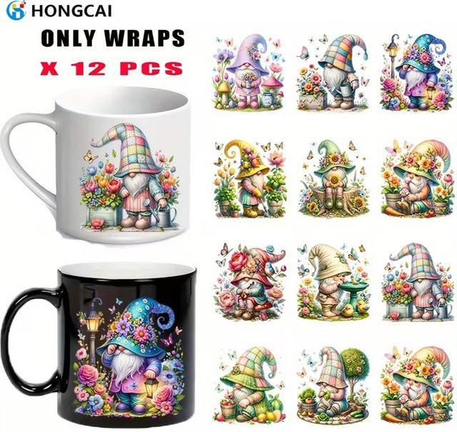 Hongcai 12-teiliges Gartenzwerg-Set aus Keramik mit floralem Design und UV-DTF-Wärmeübertragung in Multicolour für dein DIY-Handwerk - Bild 1
