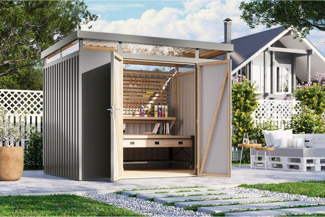 Karibu Holztechnik Metallgerätehaus Boldmere XXL im Set mit Anbaudach 2 m - Bild 1
