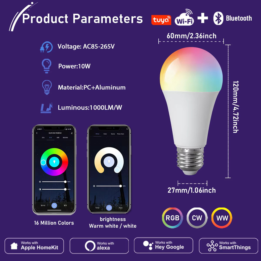 TUYA Smart LED-Glühbirne E27 WiFi RGBCW 10W, dimmbar, Multicolour, App-Steuerung mit Alexa und Google Assistant - Bild 2