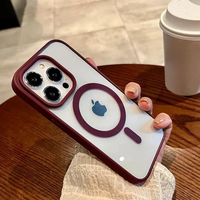 Foucsontop MagSafe Silikonhülle für iPhone 11 bis 16 Pro Max Plus Mini Transparent Dunkelrot - Bild 1