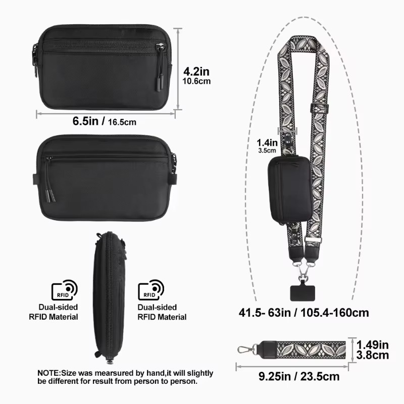 Tragbares Handy-Lanyard mit Geldbörse in Schwarz, Crossbody-Handy-Halsband mit diebstahlsicherem Reißverschluss-Aufbewahrungsbeutel, abnehmbar mit RFID-Schutz und Ausweisfenster - Bild 3