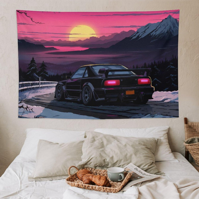 VIKAMA Wandteppich mit Stadtlandschaft und Neonlichtern in Lila und Multicolour für moderne Wohnraumdekoration - Bild 1