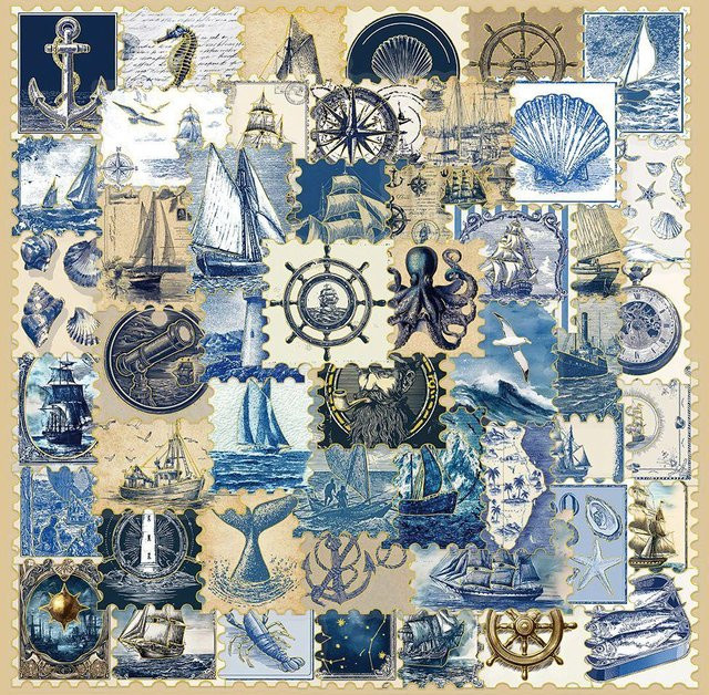 50 Stück Vintage Maritime Briefmarken-Sticker von Rui Di in Blau und Grau, wasserfeste Retro Aufkleber mit Segelboot und Leuchtturm für deine Schreibwaren - Bild 1