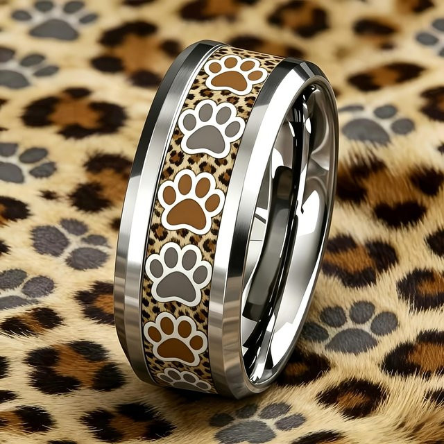 Ring Edelstahl, Weiß, Leopardendruck & Katzenpfotenmuster, Unisex, Größe 10 - Bild 1