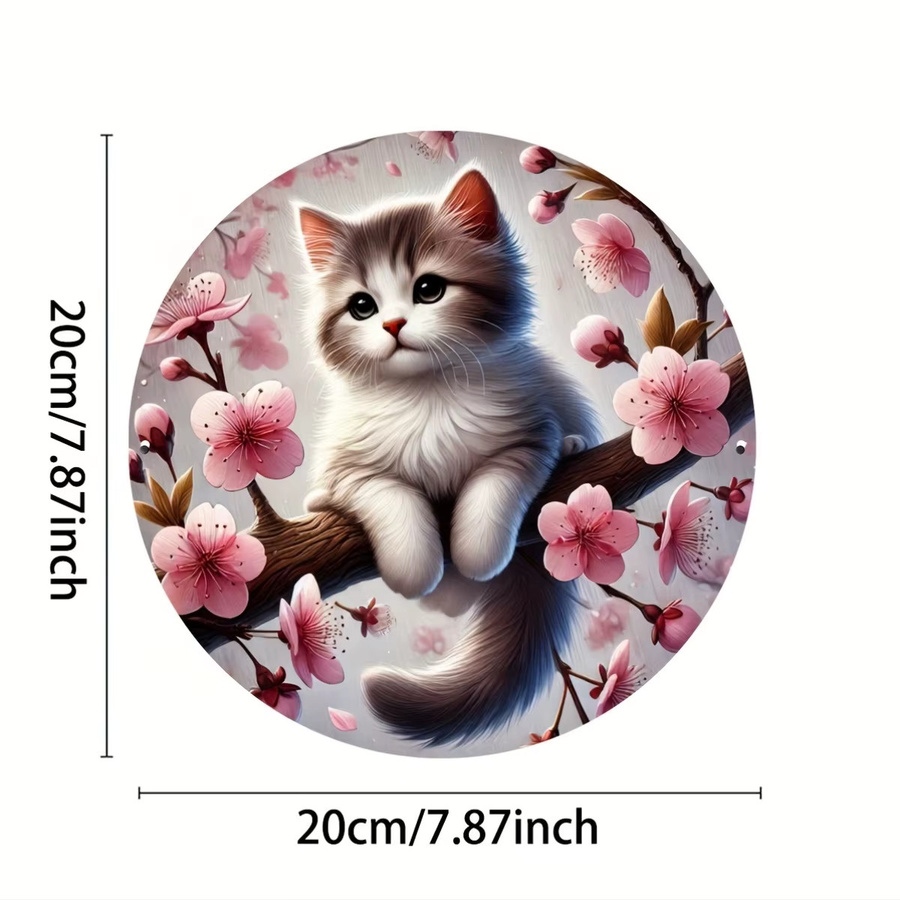 Rundes Metallschild Potdemiel im antiken Design mit weißer Tabby-Katze und rosa Kirschblüten, Durchmesser: 20 cm - Bild 3