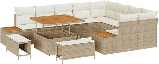 vidaXL Garten-Sofa-Set 12-tlg. aus Poly Rattan und Akazienholz in Beige mit Kissen für Garten und Terrasse - Bild 1
