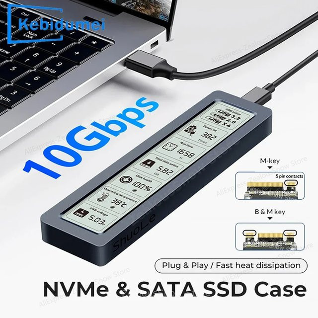 Kebidu M.2 SSD-Gehäuse mit Dual Protocol NVMe und SATA, 10 Gbit/s USB 3.2 Gen2 Typ C, mit digitalem Display, Schwarz - Bild 1
