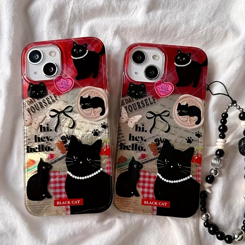 Schwarze Handyhülle mit Katzenmuster und Perlen-Lanyard für iPhone 11 bis iPhone 17 Pro Max und weitere Modelle - Bild 3