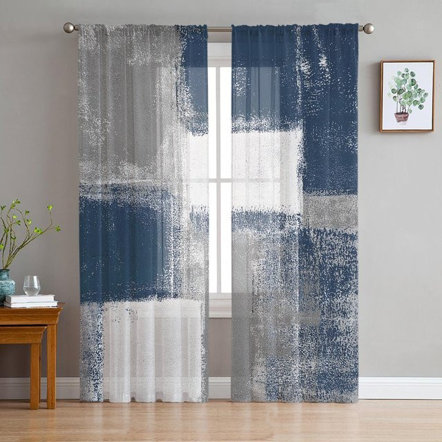 Transparente Tüll-Vorhänge mit abstraktem geometrischem Ölgemälde-Design in Blau, Breite: 135 cm, Höhe: 115 cm - Bild 1