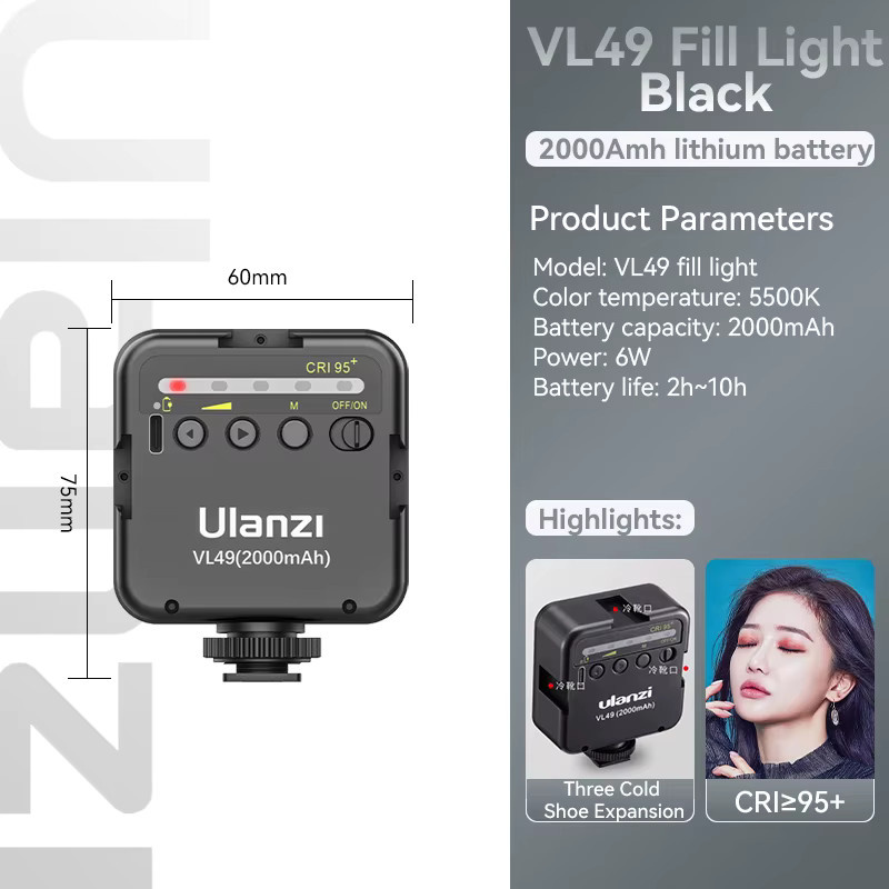 Ulanzi VL49 Mini Vlog LED Fülllicht in Weiß mit 2000mAh Akku und 5500K Zoom Beleuchtung für Foto und Video - Bild 6