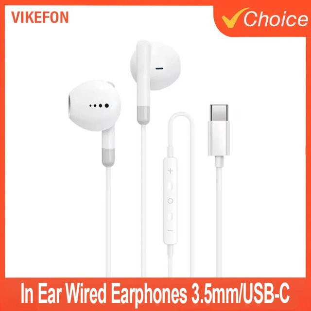 VIKEFON In-Ear-Kopfhörer mit Kabel in Weiß mit 3,5 mm Jack oder USB-C, Lautstärkeregler und Mikrofon für iPhone 16, 15, Samsung S24 und Xiaomi - Bild 1