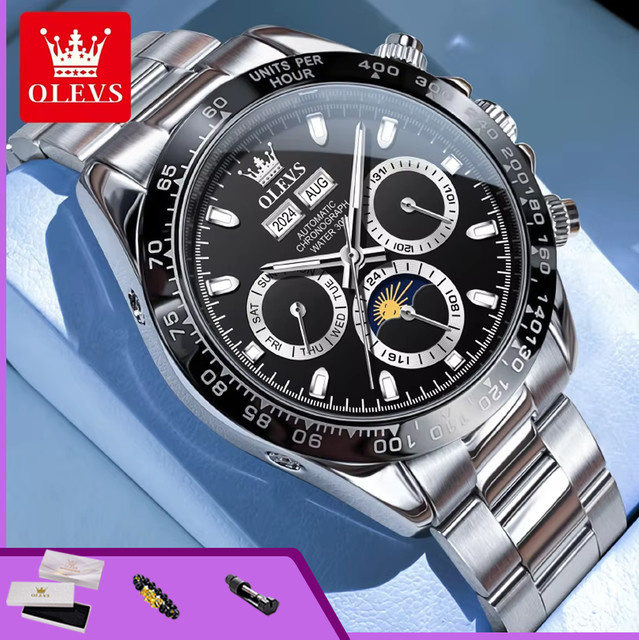 OLEVS Chronograph, Automatik, Edelstahl, Schwarz, Bicolor, Herren - Bild 1