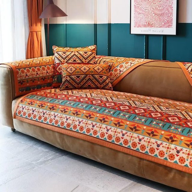 Böhmisches Chenille Sofakissen mit geometrischem Muster in Orange, rutschfester Sofabezug für die Rückenlehne, B/H: 70 x 180 cm - Bild 1