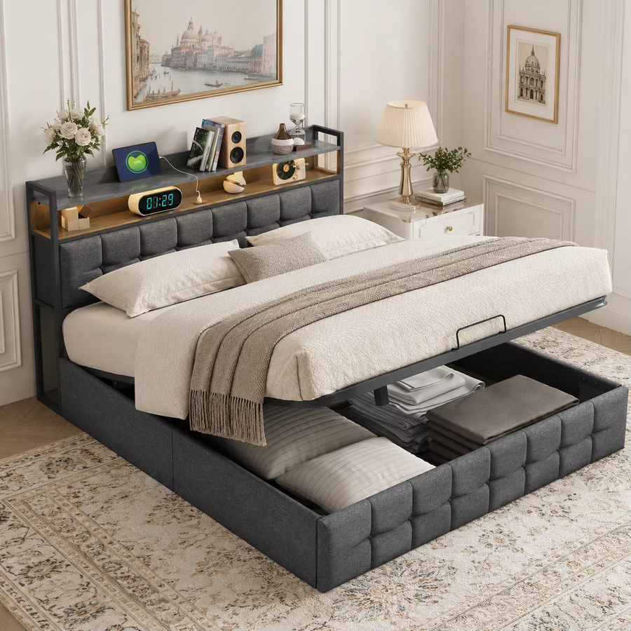 Polsterbett FEEOHOME in Grau mit Staufach und Kopfteil, Doppelbett mit Bettkasten und Hydraulikfunktion, B/T: 140 x 200 cm - Bild 3