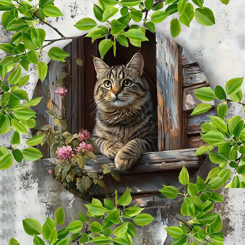 Rustikales Aluminium-Metallschild von Potdemiel mit Tabby-Katze und Blumen, rund, Mehrfarbig, Durchmesser: 20 cm - Bild 4