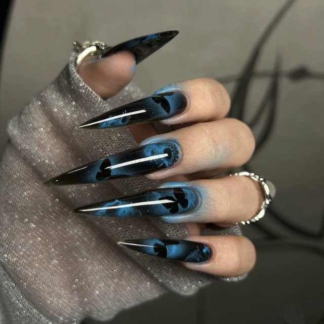 ACRDK Kunstnägel, dunkelblau, Schmetterlings-Design, Stiletto, 24 Stück - Bild 1
