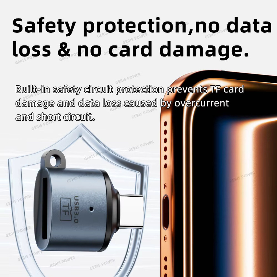 Geris Power USB-C Kartenleser USB 3.0 Mini Adapter für SD und Micro SD TF Karten in Grau - Bild 3