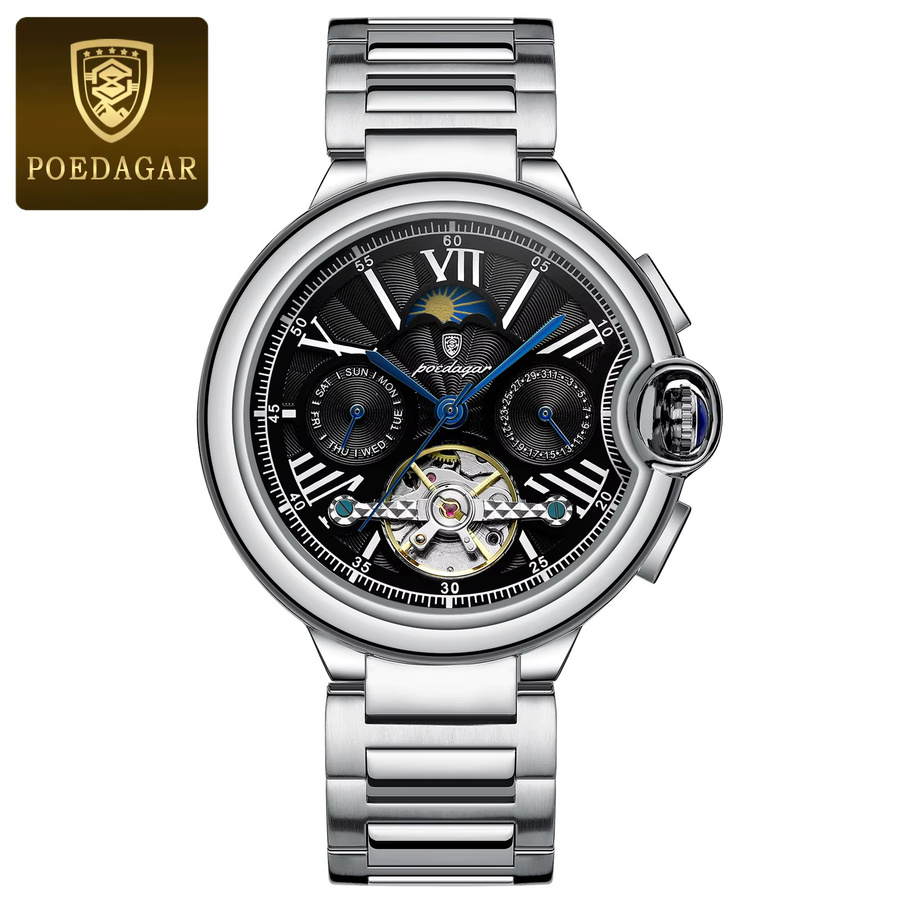 POEDAGAR Armbanduhr, Automatik, Edelstahl, Silber Blue, Herren - Bild 7