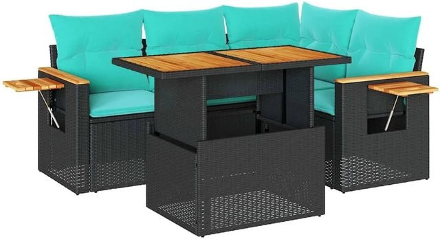 vidaXL 5-teilige Garten-Sofagarnitur in L-Form aus Polyrattan und Akazienholz mit Kissen in Schwarz - Bild 1