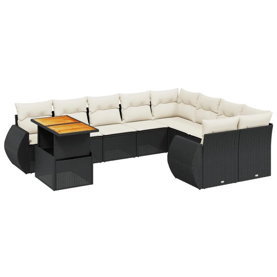 vidaXL 10-tlg. Garten-Sofagarnitur in L-Form aus Polyrattan und Akazienholz mit Kissen, Schwarz-Creme - Bild 2