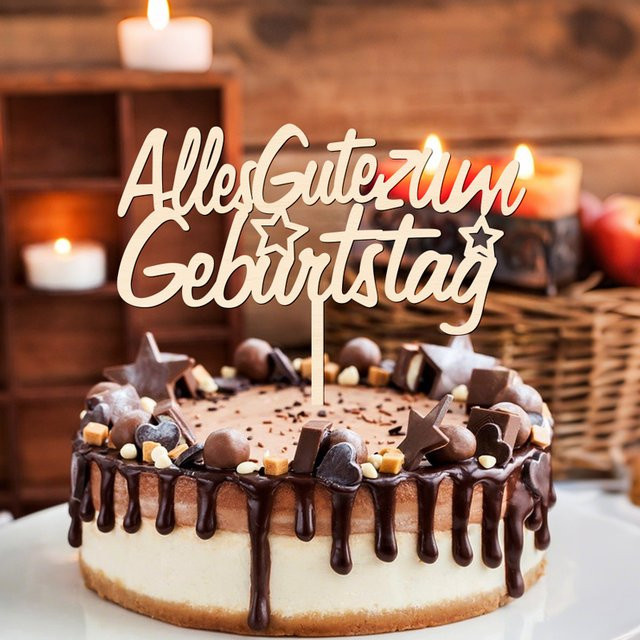 YOMDID Holz Kuchen Topper Alles Gute zum Geburtstag mit Stern-Design in Braun - Bild 1