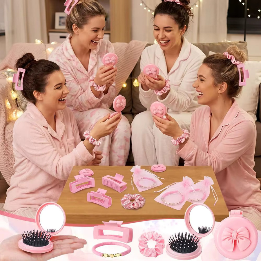 Rosa Coquette Schleifen-Set mit Faltspiegel, Bürste, Scrunchies, Armbänder, Haarspangen, Damen - Bild 3