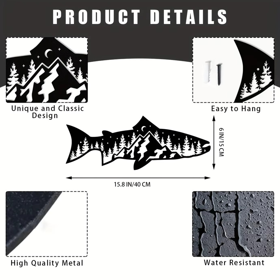 Cifbuy Wandkunst aus Metall in Fischform, modernes Naturmotiv in Schwarz zur Dekoration deiner Wände - Bild 2